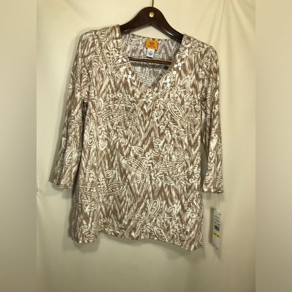 A Ruby Road V Neck Brown Paisley Print 3/4 Sleeve Size Medium Nwt - Picture 1 of 5